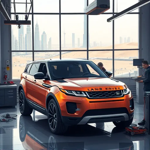 A Land Rover undergoing a transmission oil change in a modern Dubai garage with the city's skyline and desert backdrop.