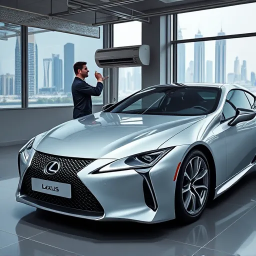 A technician repairing the air conditioning system of a Lexus car in a modern Dubai garage, with the city skyline visible in the background.