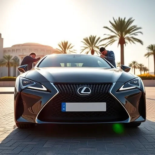 A technician servicing the air conditioning system of a Lexus car in Dubai, with modern buildings and palm trees in the background.