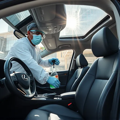 A technician sanitizing the interior of a Lexus car in Dubai, wearing protective gear and using eco-friendly cleaning supplies, emphasizing cleanliness and luxury.