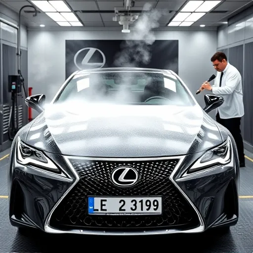 A professional technician steam cleaning a Lexus car in a state-of-the-art facility in Dubai, highlighting the sanitization process with visible steam and modern cleaning equipment.