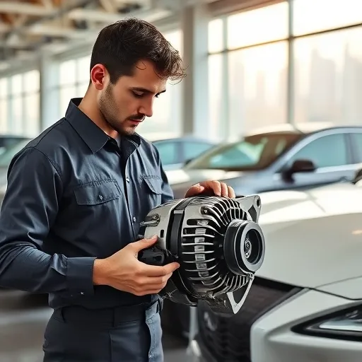 A mechanic inspecting a Lexus alternator in a modern auto shop in Dubai, with luxury cars and the Dubai skyline visible.