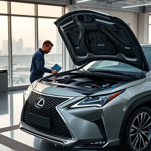 A technician performs a battery charging system check on a Lexus car in a Dubai service center, highlighting modern diagnostic equipment and the bustling city skyline.