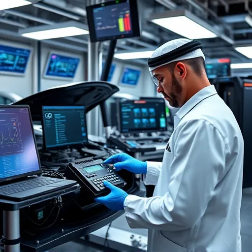A technician repairing and programming a Lexus ECU in a modern automotive workshop in Dubai, with diagnostic tools and screens in the background.