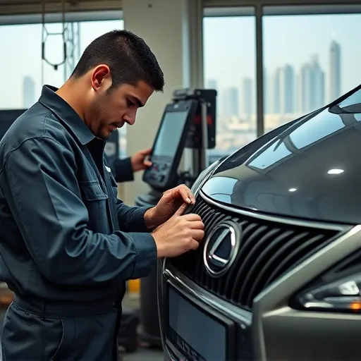 A mechanic testing and replacing an ignition coil in a Lexus car at an automotive workshop in Dubai, with tools and the Dubai skyline in the background.