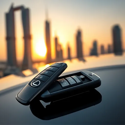 Close-up of a Lexus car key with an open battery compartment, featuring the Dubai skyline at sunset in the background.