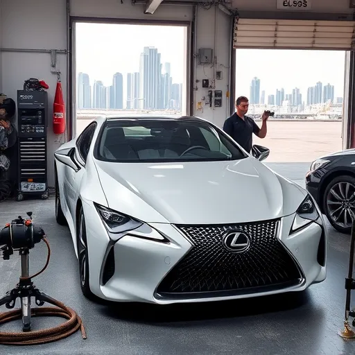 A technician cleaning and testing a Lexus catalytic converter in a modern garage in Dubai, with the city skyline in the background.
