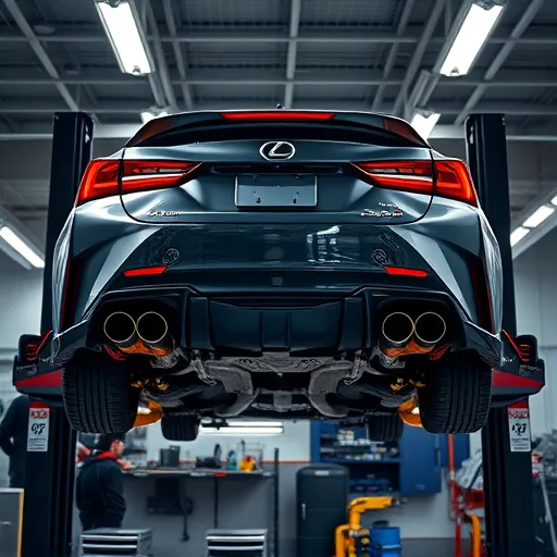 A Lexus car being worked on in a workshop, featuring the installation of a sports exhaust system with tools and technicians present.