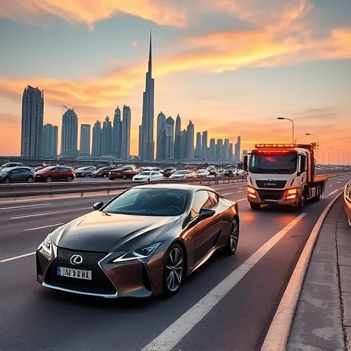 A Lexus car on the roadside with a tow truck arriving for recovery service, set against the Dubai skyline during sunset.