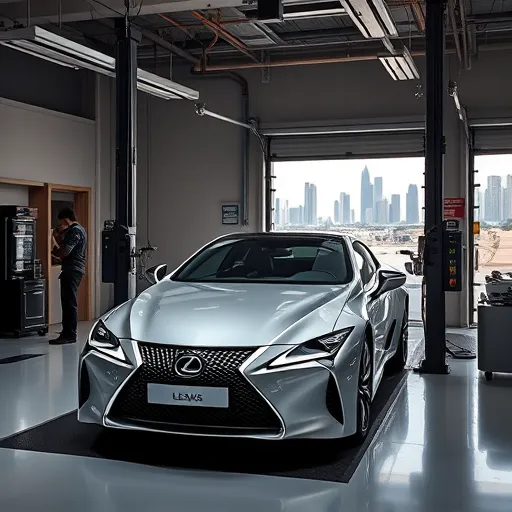 A mechanic performing diagnostic services on a Lexus car in a state-of-the-art garage in Dubai, with the city skyline in the background.