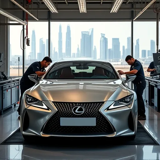 A Lexus car in a service bay with technicians performing maintenance, set against the backdrop of Dubai's skyline.
