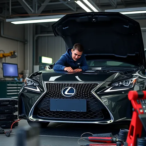 A mechanic performing diagnostics on a Lexus vehicle in a state-of-the-art garage, surrounded by tools and equipment.