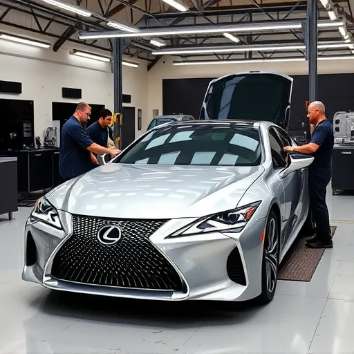 A Lexus car undergoing maintenance in a certified repair center in Dubai, with technicians inspecting and repairing the vehicle in a state-of-the-art workshop.