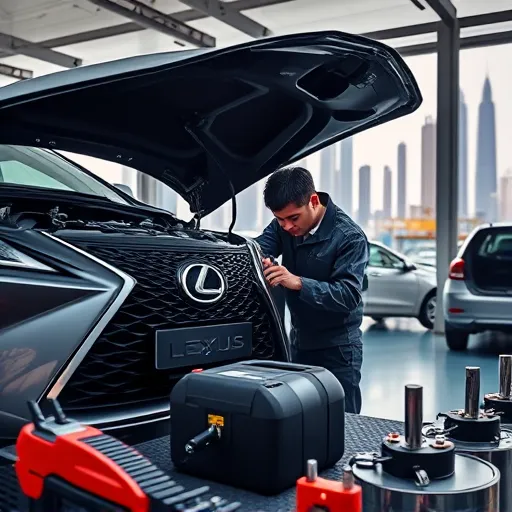 A technician in a Dubai workshop checking the hybrid battery of a Lexus vehicle, surrounded by tools and the Dubai skyline in the background.