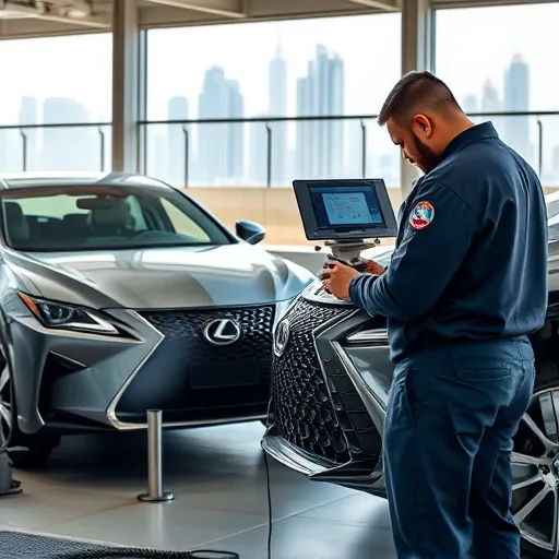 A technician calibrating a Lexus hybrid vehicle in a high-tech service center in Dubai, with diagnostic tools and the city skyline in the background.