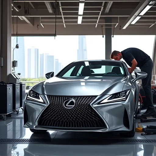 A mechanic changing oil in a Lexus vehicle at a state-of-the-art maintenance facility in Dubai, showcasing the city's skyline in the background.
