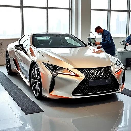 A Lexus car undergoing paint repair and color matching in a professional workshop in Dubai, with a technician working meticulously on the vehicle.