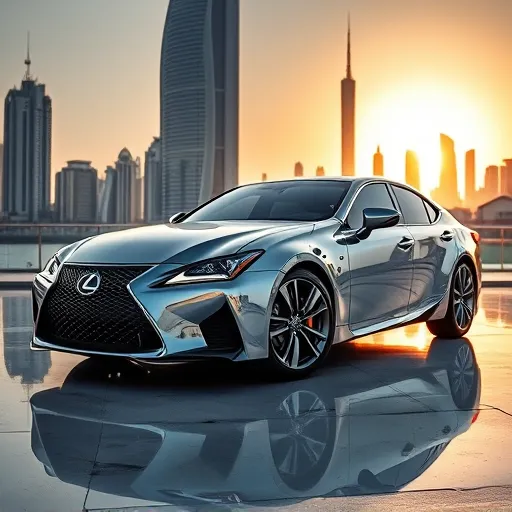 A Lexus car with a chrome paint and mirror finish parked against the backdrop of Dubai's skyline during sunset, showcasing its reflective surface.