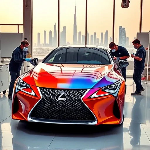 A Lexus car undergoing full body painting in a modern auto body shop in Dubai, with a skilled technician applying bright paint and the Dubai skyline in the background.