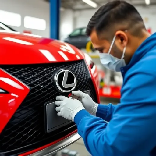 A technician at an auto body shop in Dubai repainting a Lexus car, surrounded by paint samples and tools, illustrating the color matching and scratch repair process.