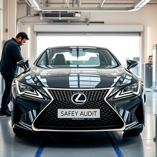 A technician performing a pre-purchase vehicle inspection on a Lexus in a sleek Dubai garage, highlighting safety audit procedures.