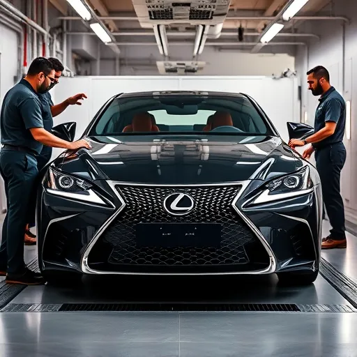 A Lexus vehicle undergoing MOT testing in a sleek, modern facility in Dubai, with technicians performing checks and ensuring safety standards.