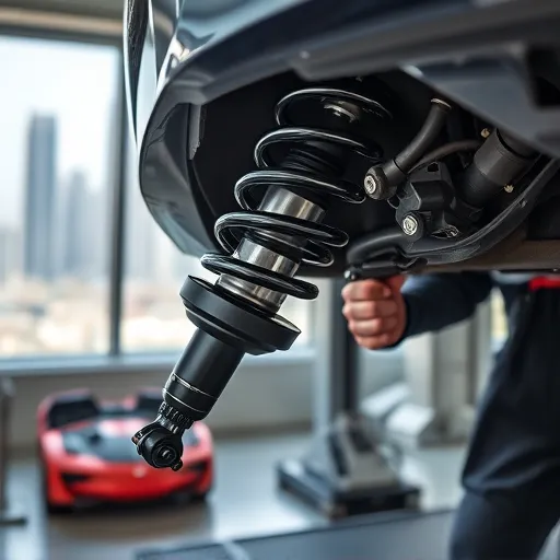 Technician replacing a shock absorber on a Lexus vehicle in a Dubai auto service workshop, with the Dubai skyline in the background.