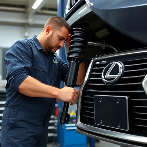 A mechanic replacing a strut assembly on a Lexus in a well-equipped garage, showcasing the intricate process of automotive repair.