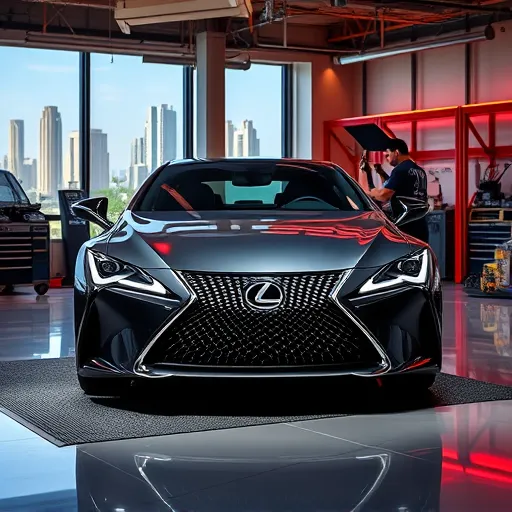 A mechanic changing the transmission oil of a Lexus car in a state-of-the-art workshop in Dubai, with the city's skyline in the background.