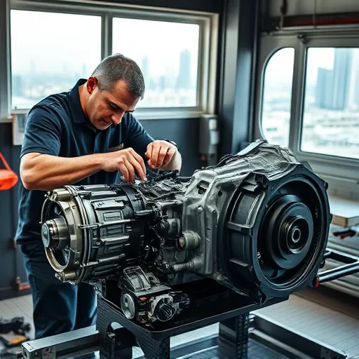 A skilled mechanic repairing a Lexus transmission in a modern workshop, with Dubai's skyline in the background.