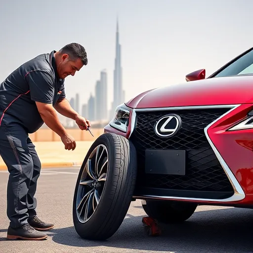A roadside assistance technician replaces a flat tyre on a Lexus car in Dubai, with the city skyline in the background.