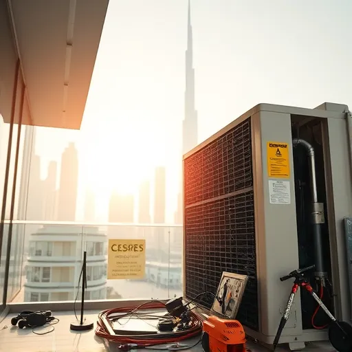 A technician working on a Lincoln AC condenser repair in Dubai, with the city's skyline visible behind him.