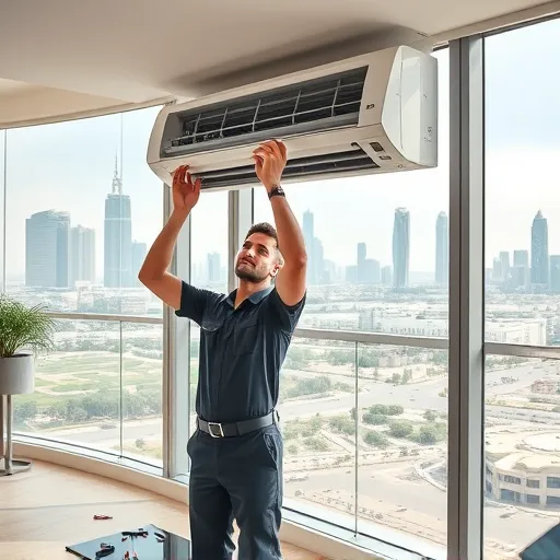 A technician performing AC repair in a Dubai apartment with the skyline visible outside, emphasizing the service in a warm climate.