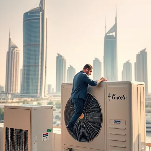 A technician servicing a Lincoln air conditioning unit against the backdrop of Dubai's skyline, highlighting air conditioning regas and maintenance.