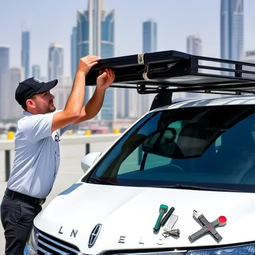 A technician performing roof rack installation and removal on a Lincoln car in Dubai, with the city skyline in the background.
