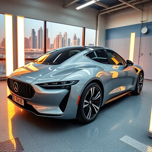 A professional applying ceramic coating to a luxury car in a Dubai workshop, with the city skyline visible in the background.