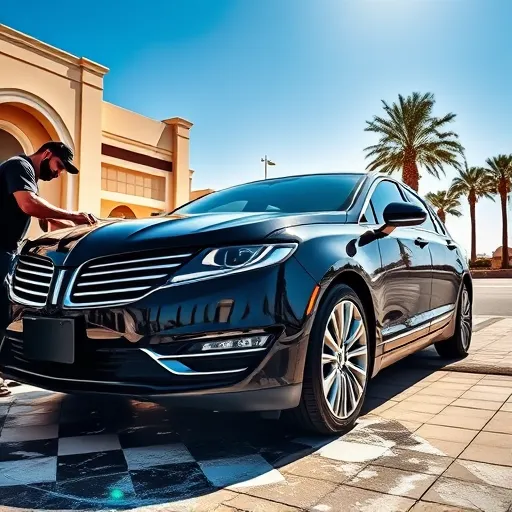 A black Lincoln car undergoing exterior detailing and polishing in Dubai, surrounded by modern buildings and palm trees, emphasizing luxury car care.