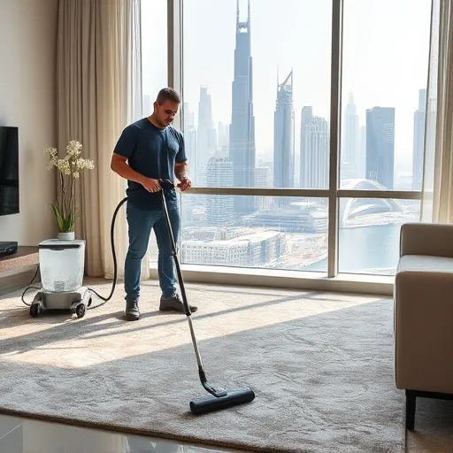 A professional steam cleaner in Dubai using high-tech equipment to clean a plush carpet in a luxurious apartment with the Dubai skyline in the background.