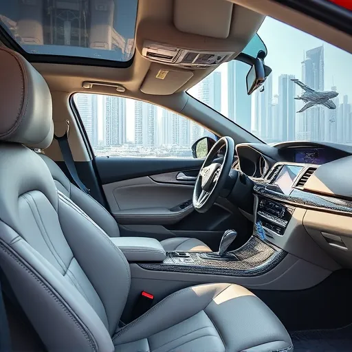 A professional cleaning service detailing the interior of a luxury car in Dubai, highlighting the pristine leather seats and advanced cleaning equipment.