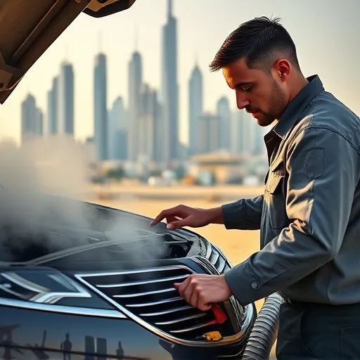 A mechanic inspecting the engine of a Lincoln car in Dubai, with steam indicating an overheating issue. The Dubai skyline is visible in the background.