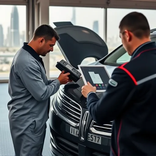 A technician inspecting a Lincoln vehicle in a Dubai garage, showcasing modern diagnostic tools and the city skyline in the background.