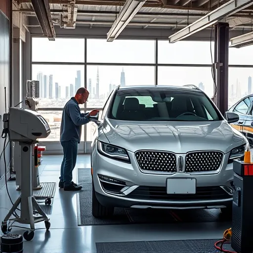 A technician conducting an MOT test on a Lincoln vehicle in a Dubai automotive workshop, with tools and equipment in the background.