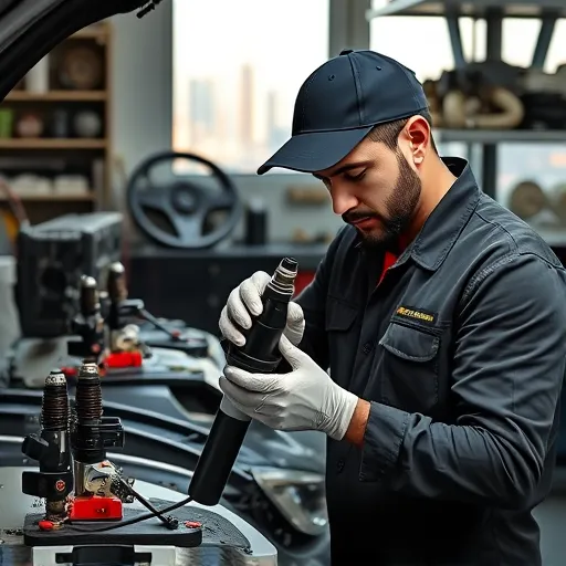 A technician in a Dubai automotive workshop cleaning a fuel injector with specialized equipment, surrounded by car parts and tools, with the Dubai skyline in the background.