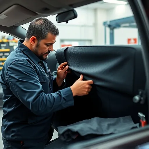 A technician repairing a car headliner in a Dubai workshop, highlighting the precision of the work and the tools used.