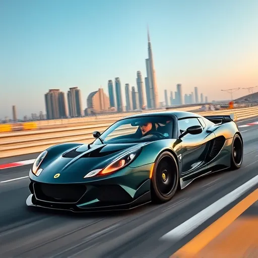 A high-performance Lotus sports car racing on a Dubai track, featuring upgraded engine components and the city skyline in the background.