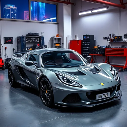 A Lotus sports car with a Turbo Kit installation in a contemporary Dubai garage, surrounded by tuning tools and vibrant city lights.