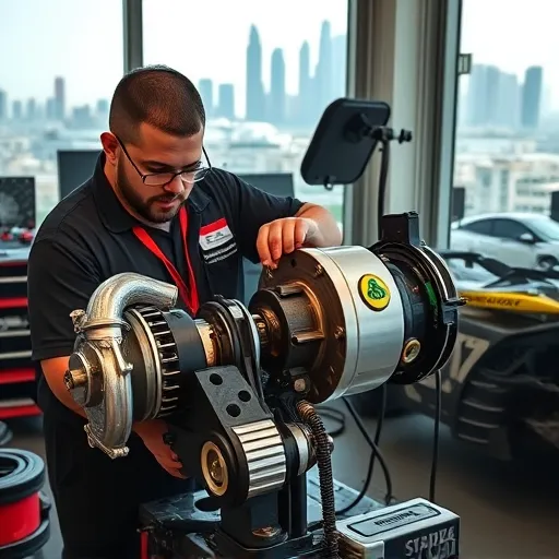A technician repairing a Lotus turbocharger in a Dubai workshop, with various tools and the city skyline visible.