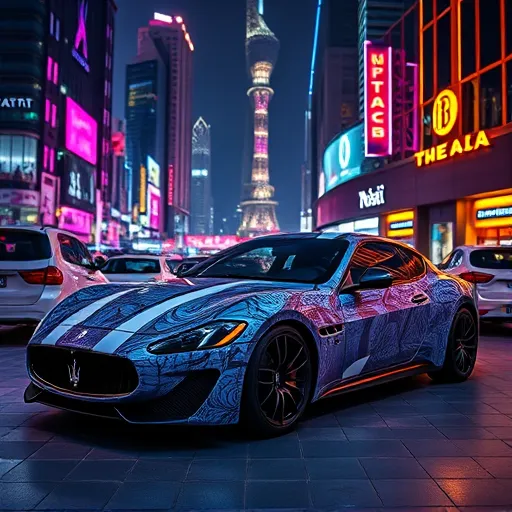 A sleek Maserati with custom vinyl wrapping displayed against the vibrant Dubai skyline, highlighting modern car customization.