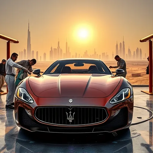 A luxurious Maserati undergoing professional polishing and surface restoration in Dubai with the iconic city skyline and desert in the background.