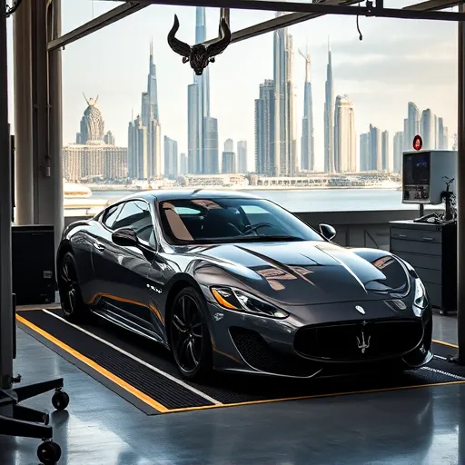 A Maserati undergoing detailed service and maintenance at a state-of-the-art facility in Dubai with the city's skyline in the background.